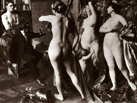 In the Painters Studio Black Ornate Wood Framed Art Print with Double Matting by Vintage Nudes