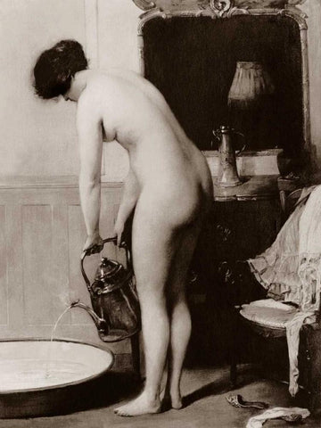 Pouring a Bath Black Ornate Wood Framed Art Print with Double Matting by Vintage Nudes