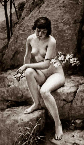 Nude with Flowers White Modern Wood Framed Art Print with Double Matting by Vintage Nudes