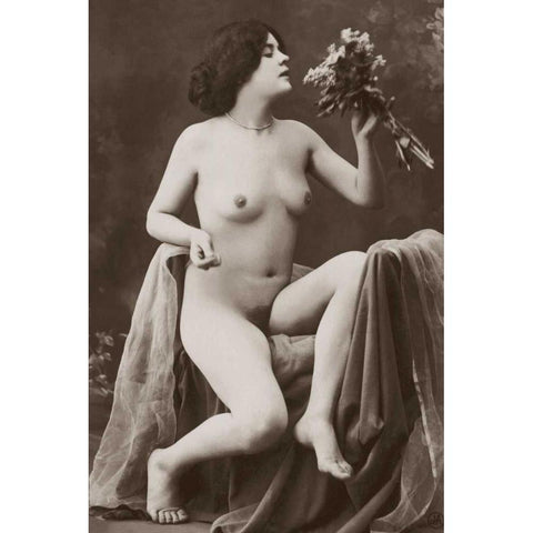 Nude with a Bouquet Black Modern Wood Framed Art Print with Double Matting by Vintage Nudes