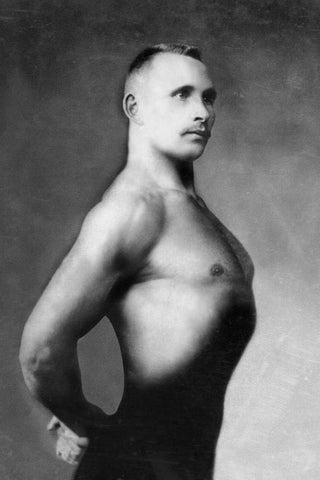 Right Profile of Bodybuilder from the Waist Up Black Ornate Wood Framed Art Print with Double Matting by Vintage Muscle Men