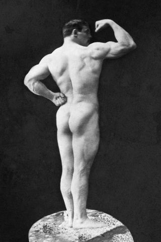 Statuesque Back and Arm Curl Black Ornate Wood Framed Art Print with Double Matting by Vintage Muscle Men