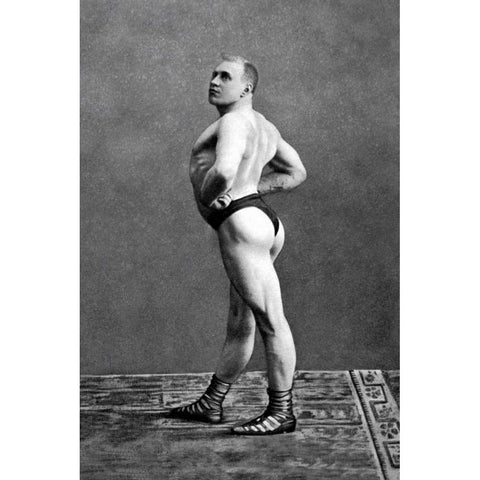 Bodybuilders Back and Left Profile White Modern Wood Framed Art Print by Vintage Muscle Men