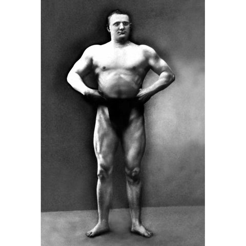 Strongman Pose Black Modern Wood Framed Art Print with Double Matting by Vintage Muscle Men