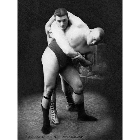 Hip Throw: Russian Wrestlers White Modern Wood Framed Art Print by Vintage Wrestler