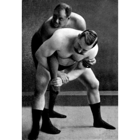 Wrist Lock: Russian Wrestlers White Modern Wood Framed Art Print by Vintage Wrestler