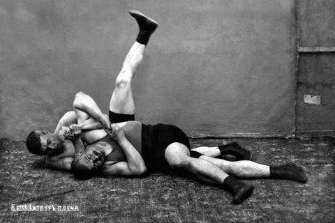 The Pin: Russian Wrestlers Black Ornate Wood Framed Art Print with Double Matting by Vintage Wrestler