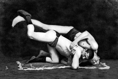 Post and Drop Black Ornate Wood Framed Art Print with Double Matting by Vintage Wrestler