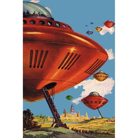Spaceships at Angkor Wat Black Modern Wood Framed Art Print by Retrosci-fi