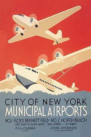 City of New York Municipal Airports (WPA) Black Ornate Wood Framed Art Print with Double Matting by Herzog, Harry