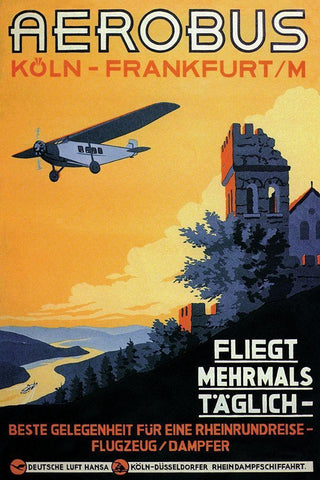 Cologne Frankfurt Aerobus and Rhine Castle Black Ornate Wood Framed Art Print with Double Matting by Siegwardt, K.