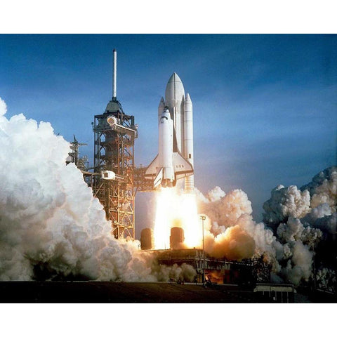 Launch of the First Flight of Space Shuttle Columbia, 1981 White Modern Wood Framed Art Print by NASA
