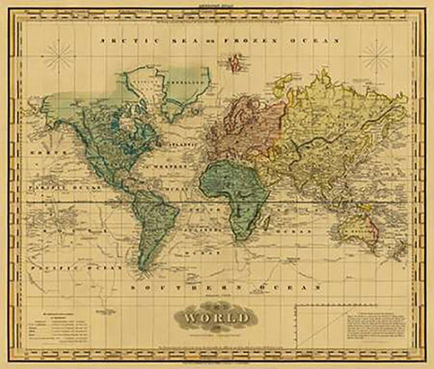 World on Mercators Projection, 1823 - Tea Stained White Modern Wood Framed Art Print with Double Matting by Tanner, Henry
