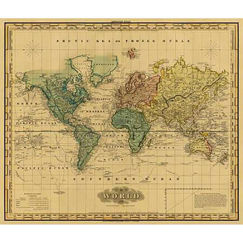 World on Mercators Projection, 1823 - Tea Stained Black Modern Wood Framed Art Print by Tanner, Henry