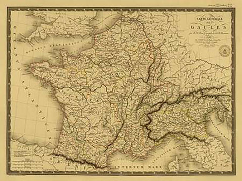 Carte generale des Gaules, 1821 - Tea Stained Black Ornate Wood Framed Art Print with Double Matting by Brue, Adrien Hubert