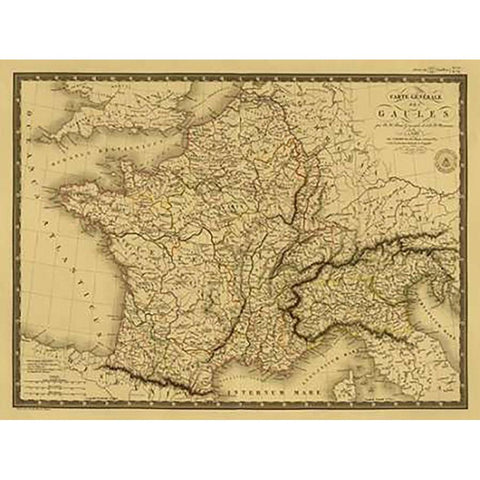 Carte generale des Gaules, 1821 - Tea Stained Black Modern Wood Framed Art Print by Brue, Adrien Hubert