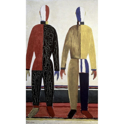 Sportsmen (left) Black Modern Wood Framed Art Print with Double Matting by Malevich, Kazimir