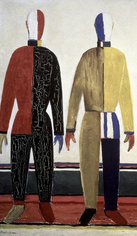 Sportsmen (left) Black Ornate Wood Framed Art Print with Double Matting by Malevich, Kazimir