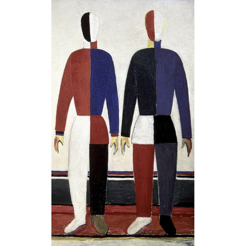 Sportsmen (right) Black Modern Wood Framed Art Print with Double Matting by Malevich, Kazimir