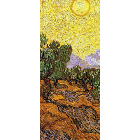 Olive Trees With Yellow Sky And Sun (center) Black Modern Wood Framed Art Print with Double Matting by Van Gogh, Vincent