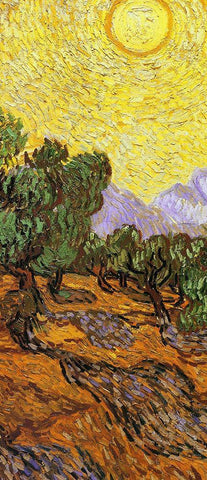 Olive Trees With Yellow Sky And Sun (center) White Modern Wood Framed Art Print with Double Matting by Van Gogh, Vincent