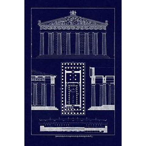 The Parthenon at Athens (Blueprint) Black Modern Wood Framed Art Print by Buhlmann, J.