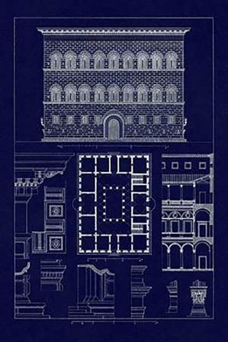 Palazzo Strozzi at Florence (Blueprint) Black Ornate Wood Framed Art Print with Double Matting by Buhlmann, J.