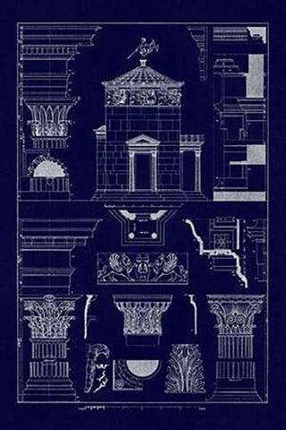 Tower of the Winds and Stoa of Hadrian (Blueprint) White Modern Wood Framed Art Print with Double Matting by Buhlmann, J.