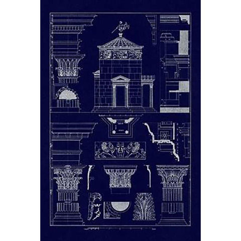 Tower of the Winds and Stoa of Hadrian (Blueprint) Black Modern Wood Framed Art Print with Double Matting by Buhlmann, J.