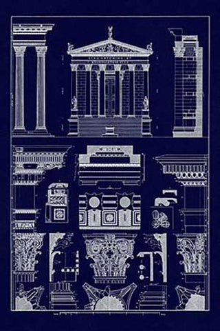 Temples of Antonius, Castor and Mars (Blueprint) White Modern Wood Framed Art Print with Double Matting by Buhlmann, J.