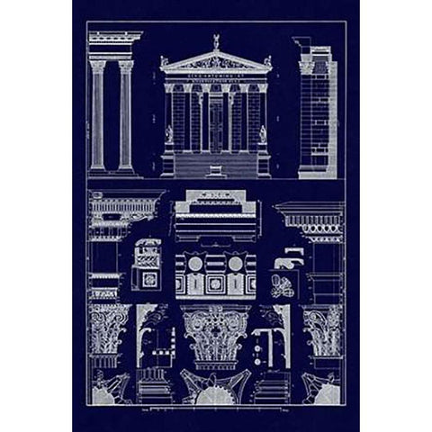 Temples of Antonius, Castor and Mars (Blueprint) Black Modern Wood Framed Art Print by Buhlmann, J.