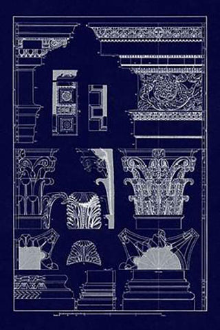 Entablatures, Capitals and Bases (Blueprint) White Modern Wood Framed Art Print with Double Matting by Buhlmann, J.