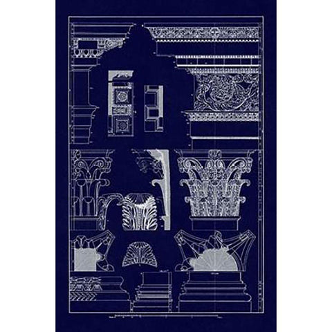 Entablatures, Capitals and Bases (Blueprint) Black Modern Wood Framed Art Print by Buhlmann, J.