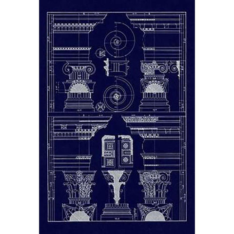 Pediments of the Renaissance (Blueprint) Black Modern Wood Framed Art Print with Double Matting by Buhlmann, J.