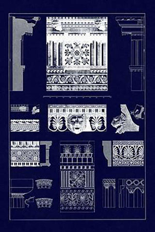 Entablatures, Terracottas and Cymas (Blueprint) Black Ornate Wood Framed Art Print with Double Matting by Buhlmann, J.