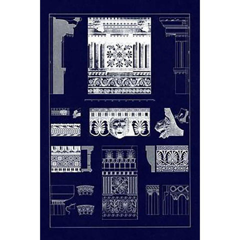 Entablatures, Terracottas and Cymas (Blueprint) Black Modern Wood Framed Art Print by Buhlmann, J.
