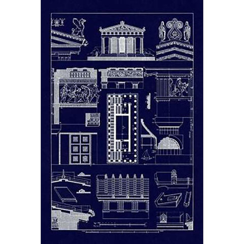 Temples and Roofings (Blueprint) Gold Ornate Wood Framed Art Print with Double Matting by Buhlmann, J.