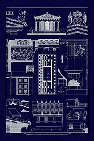 Temples and Roofings (Blueprint) Black Ornate Wood Framed Art Print with Double Matting by Buhlmann, J.
