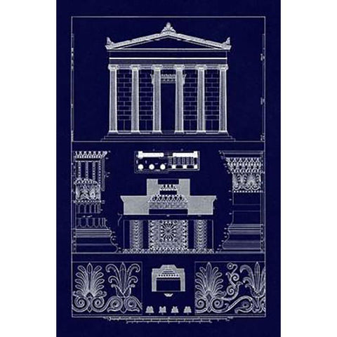 Portico, Coffer and Palmette-Ornament (Blueprint) Black Modern Wood Framed Art Print by Buhlmann, J.