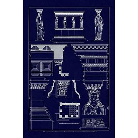 Porch of the Caryatids (Blueprint) Black Modern Wood Framed Art Print with Double Matting by Buhlmann, J.