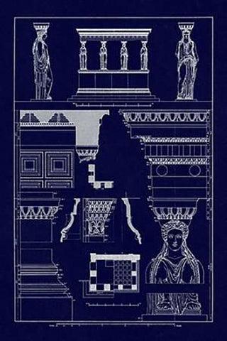 Porch of the Caryatids (Blueprint) Black Ornate Wood Framed Art Print with Double Matting by Buhlmann, J.