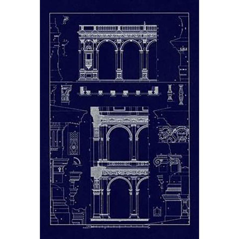 Porch of the Cathedral of Spoleto and Arcade from Palazzo Farnese (Blueprint) White Modern Wood Framed Art Print by Buhlmann, J.