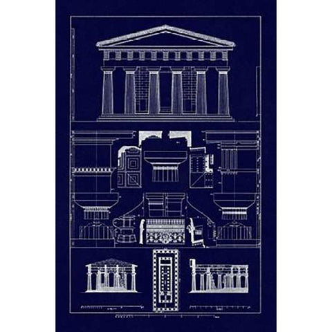Temple of Vintageeidon at Paestum (Blueprint) Black Modern Wood Framed Art Print with Double Matting by Buhlmann, J.