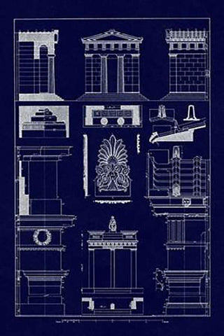 Temple of Diana, Monument of Thrasyllus (Blueprint) White Modern Wood Framed Art Print with Double Matting by Buhlmann, J.