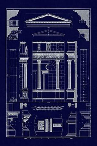 Pediment of Temple at Assisi (Blueprint) White Modern Wood Framed Art Print with Double Matting by Buhlmann, J.
