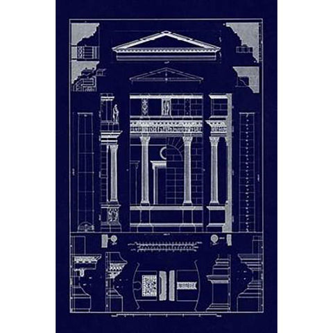 Pediment of Temple at Assisi (Blueprint) Gold Ornate Wood Framed Art Print with Double Matting by Buhlmann, J.