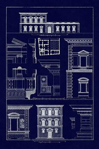 Palazzos Pandolfini and Bartolini at Florence (Blueprint) Black Ornate Wood Framed Art Print with Double Matting by Buhlmann, J.