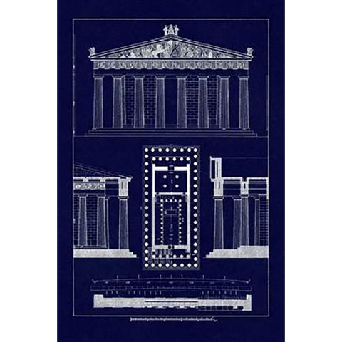 The Parthenon at Athens, PolyMuseumome (Blueprint) Black Modern Wood Framed Art Print by Buhlmann, J.