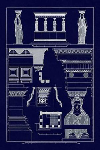 Porch of Caryatids, PolyMuseumome (Blueprint) Black Ornate Wood Framed Art Print with Double Matting by Buhlmann, J.
