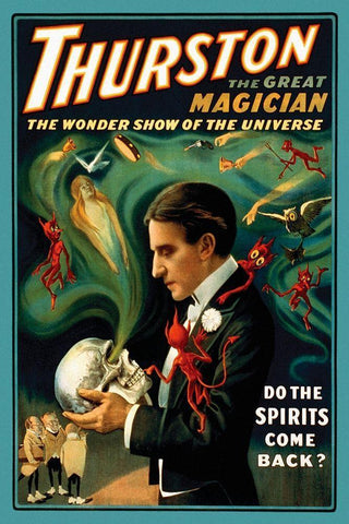 Magicians: Thurston the Great Magician: Do the Spirits Come Back? Black Ornate Wood Framed Art Print with Double Matting by Strobridge